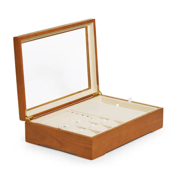 Custom wooden jewelry boxes with soft velvet interior and logo branding for wholesale