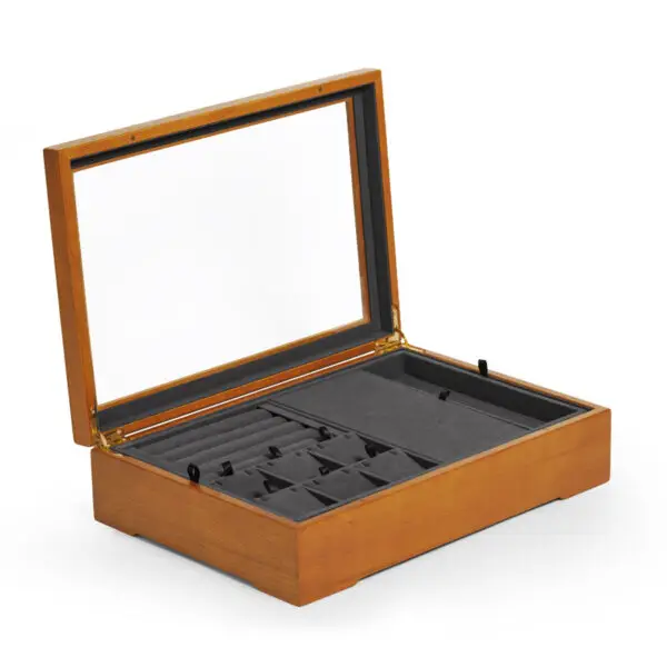 Custom wooden jewelry boxes with soft velvet interior and logo branding for wholesale
